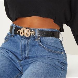 Black croc printed gold snake waist belt